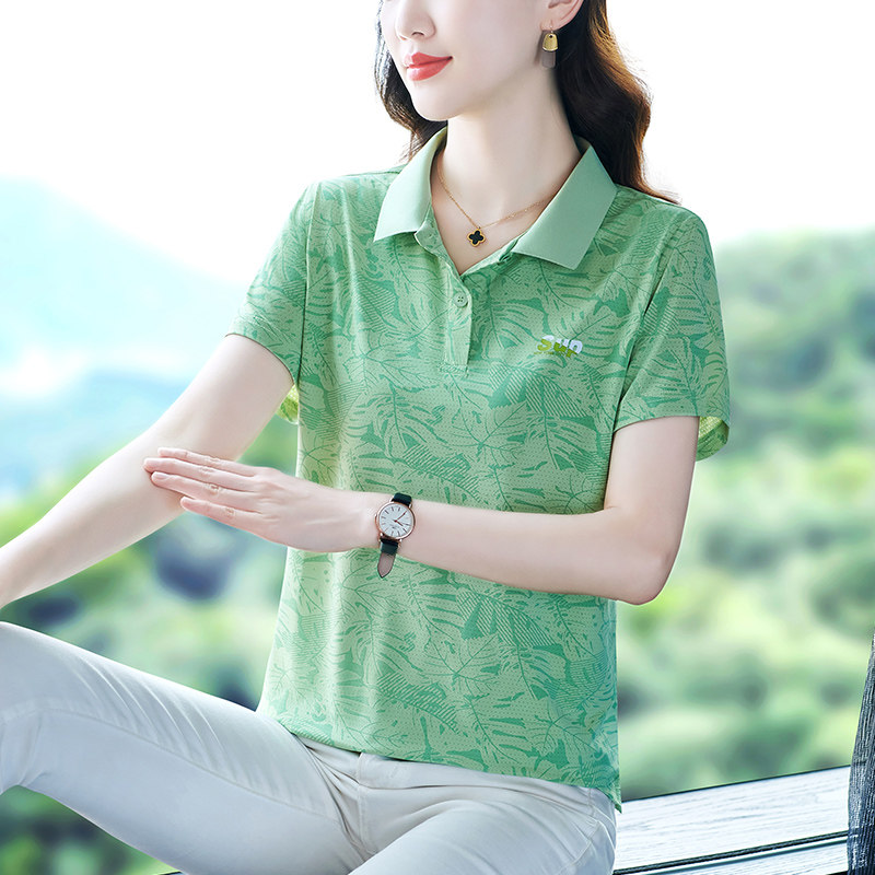 翻领短袖t恤女夏季薄款时尚妈妈冰丝速干印花上衣中年妇女polo衫