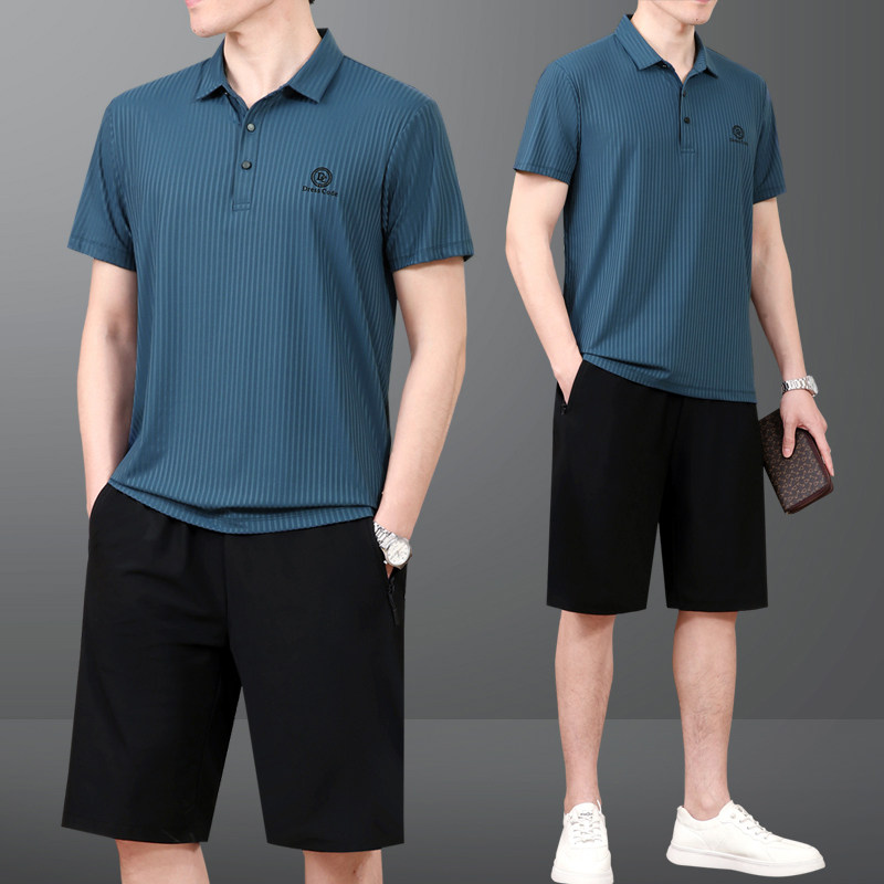 爸爸夏装套装中老年人男士冰丝短袖t恤中年父亲休闲运动服男夏季