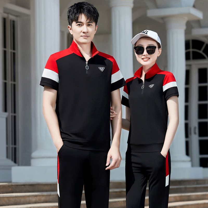 夏季时尚休闲情侣运动套装男女团体夏天薄款短袖跑步服时尚两件套