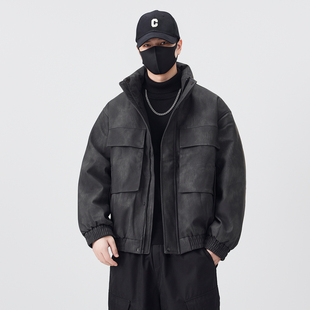 白鸭绒免洗工装皮衣羽绒服男款立领冬季加厚保暖美式宽松防风外套