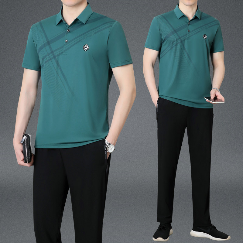 中年爸爸夏装冰丝短袖t恤男士夏季运动服套装中老年男装休闲衣服