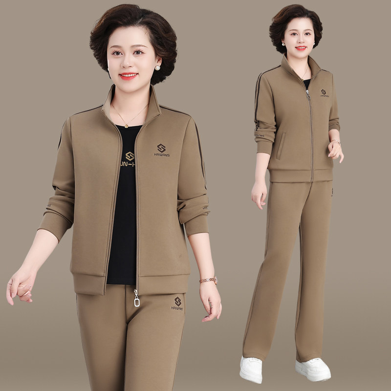 品牌高端中年妈妈外套女春秋2025新款运动服套装宽松休闲三件套潮