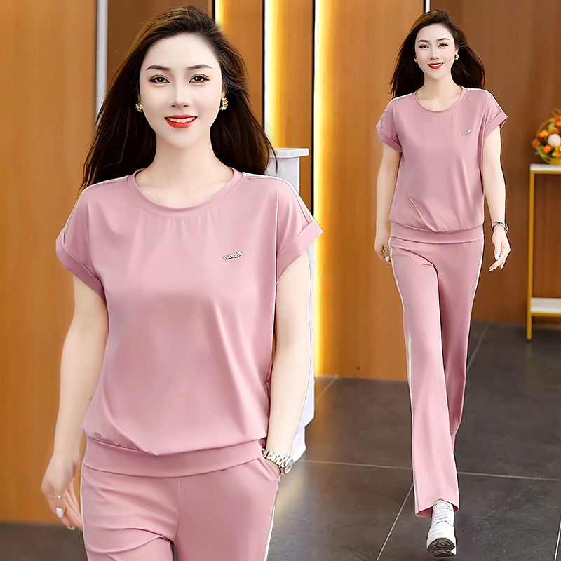 圆领短袖冰丝时尚休闲运动服套装女2025新款夏季薄款直筒裤两件套