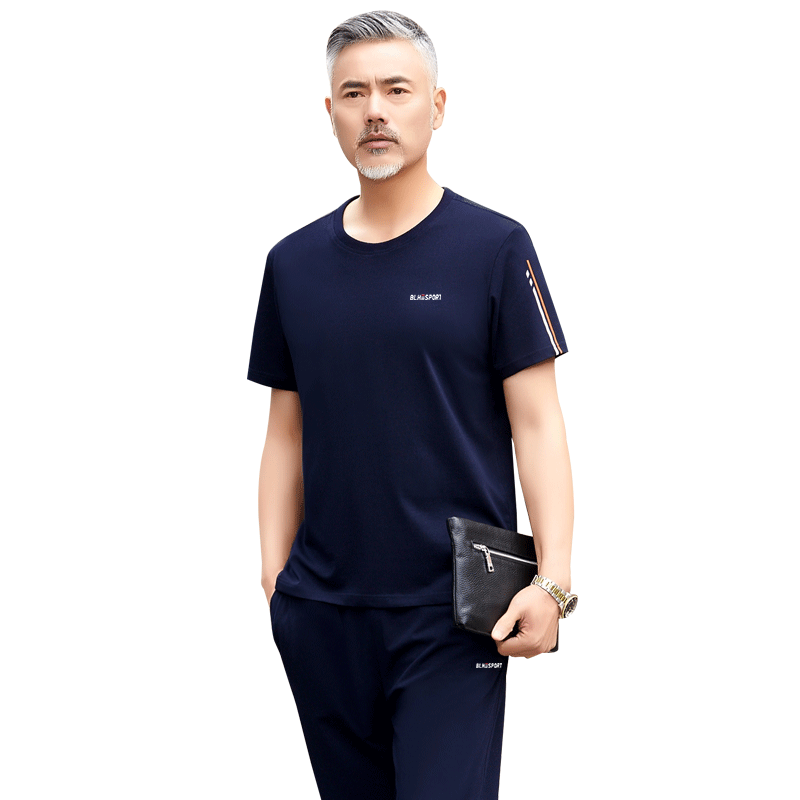 中年运动套装男夏季薄款短袖圆领