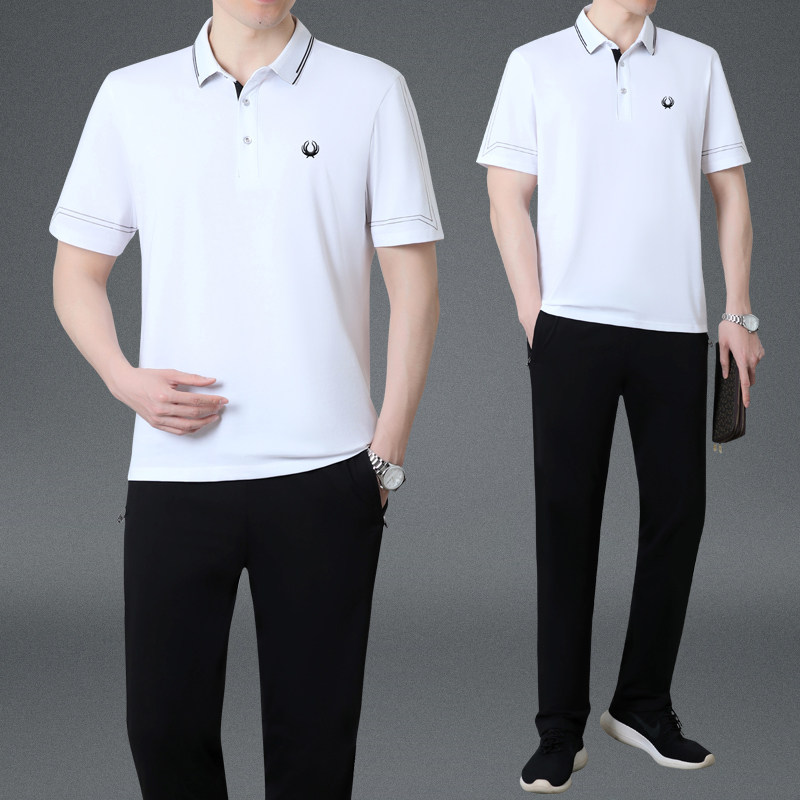 父亲节衣服爸爸夏季商务休闲套装2025新款中年男士纯色POLO衫短袖