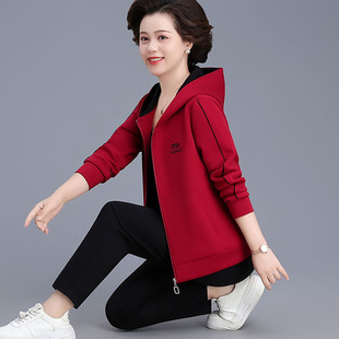 妈妈秋装外套中老年纯色洋气连帽休闲运动衣中年妇女宽松卫衣开衫