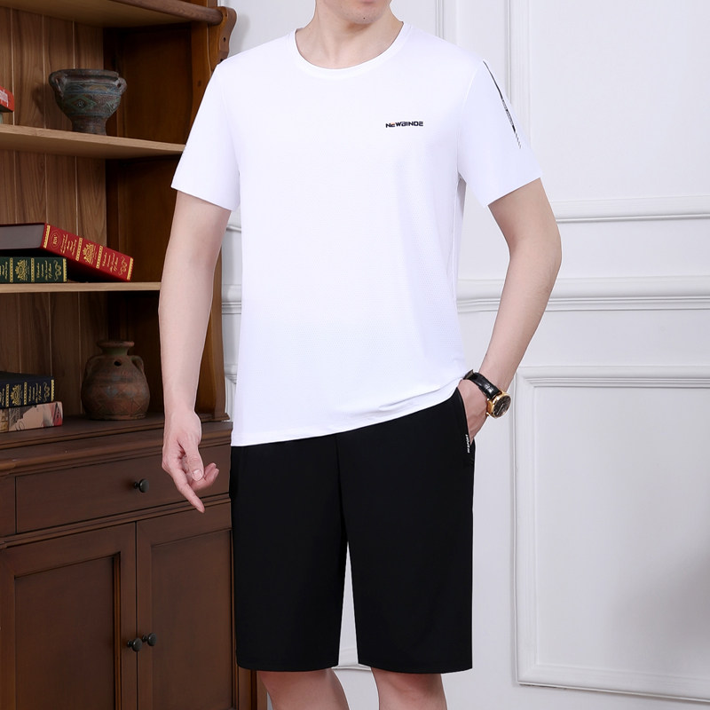 中老年运动套装男夏圆领短袖长裤爸爸夏装中年时尚休闲服薄两件套