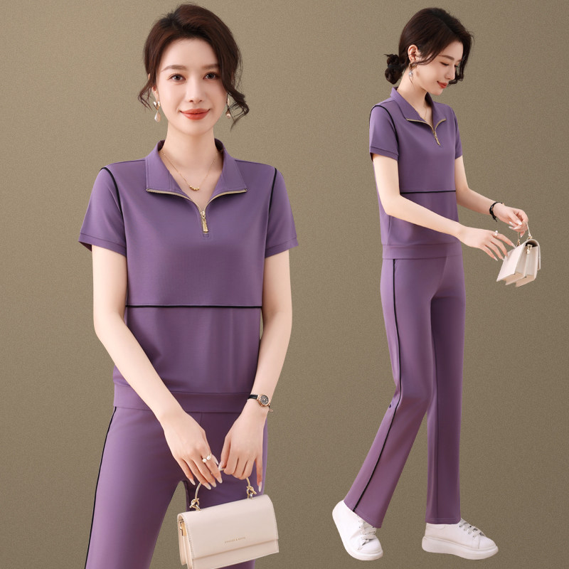 2025中老年人休闲运动套装女妈妈夏装短袖T恤两件套母亲节上衣服