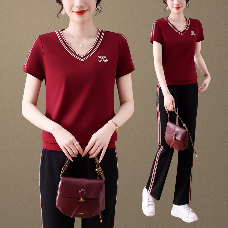 运动套装女夏季2025新款时尚宽松洋气女士V领短袖长裤休闲两件套