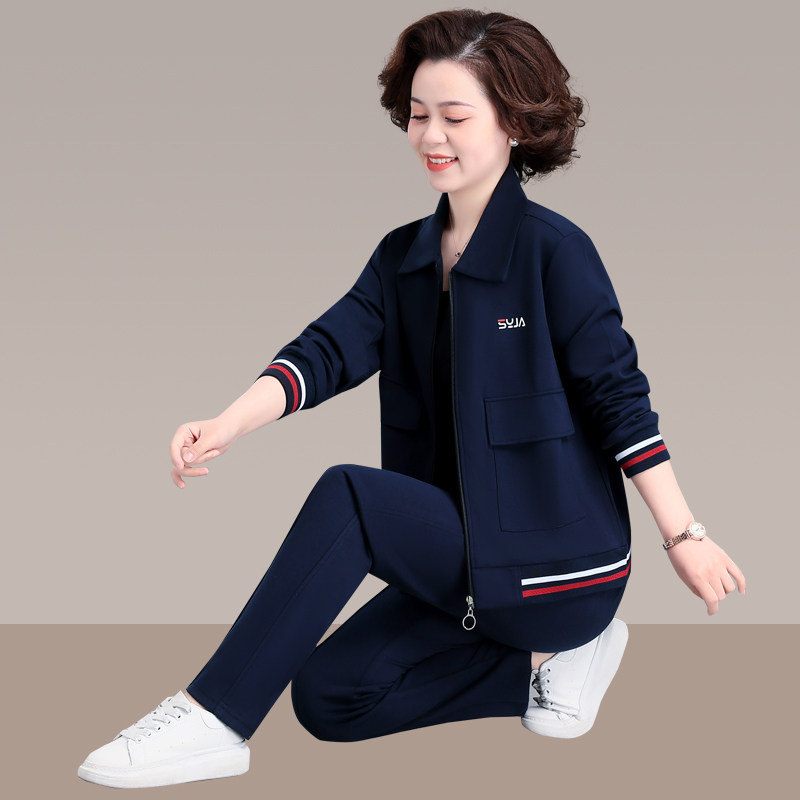 中年妈妈运动服套装秋装翻领上衣中老年人春秋款外套女两件套大码