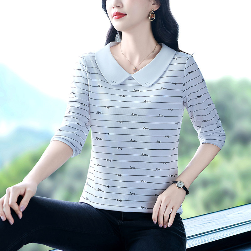 高级感冰丝长袖女夏时尚妈妈t恤翻领印花条纹半袖大码洋气上衣潮
