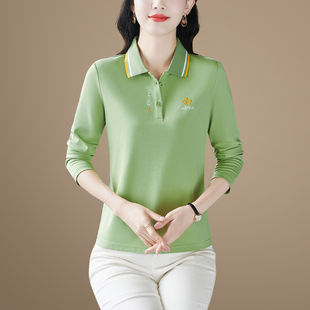 休闲宽松中年人翻领减龄上衣 长袖 polo衫 t恤女春秋2025新款 妈妈装