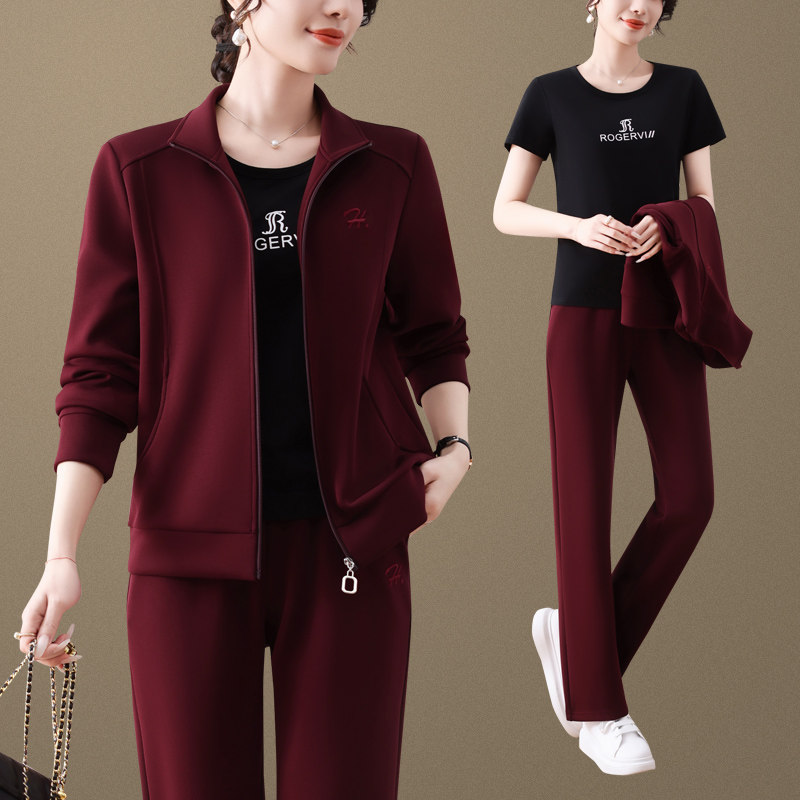 时尚百搭中年妈妈外套女春秋2025新款运动服套装宽松休闲三件套潮