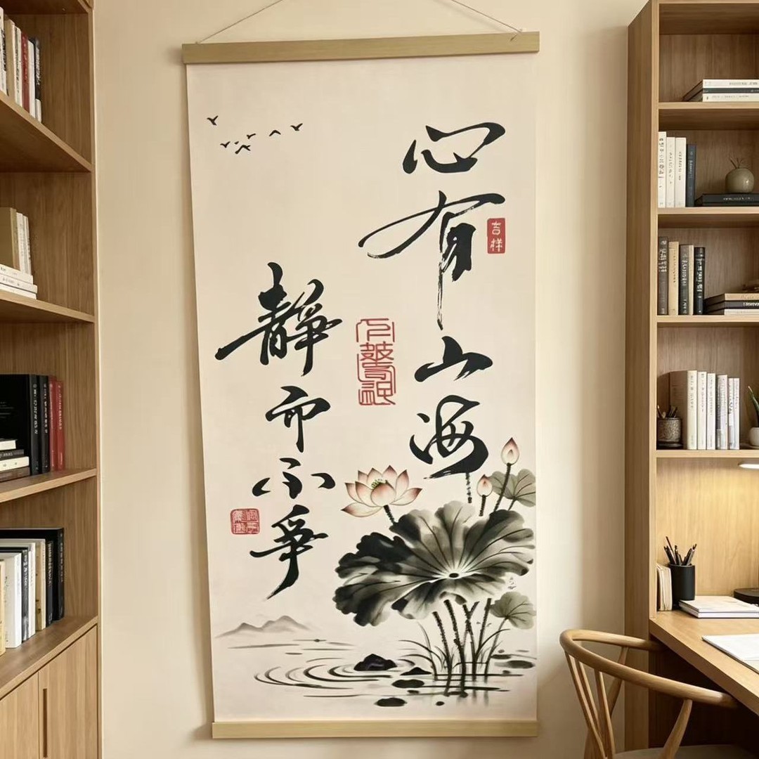 心有山海静而不争书法卷轴挂画新中式客厅书房玄关装饰画禅意字画