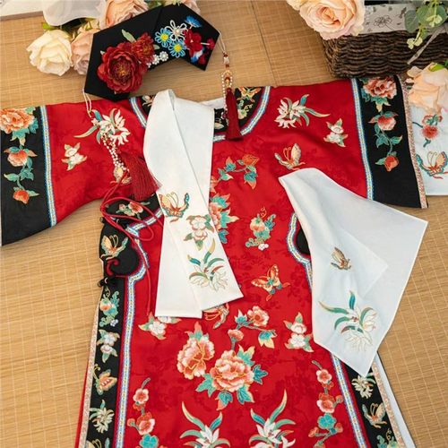 儿童沐言格格同款清代女装印花清朝旗装旗汉服中国摄影网红款拉德