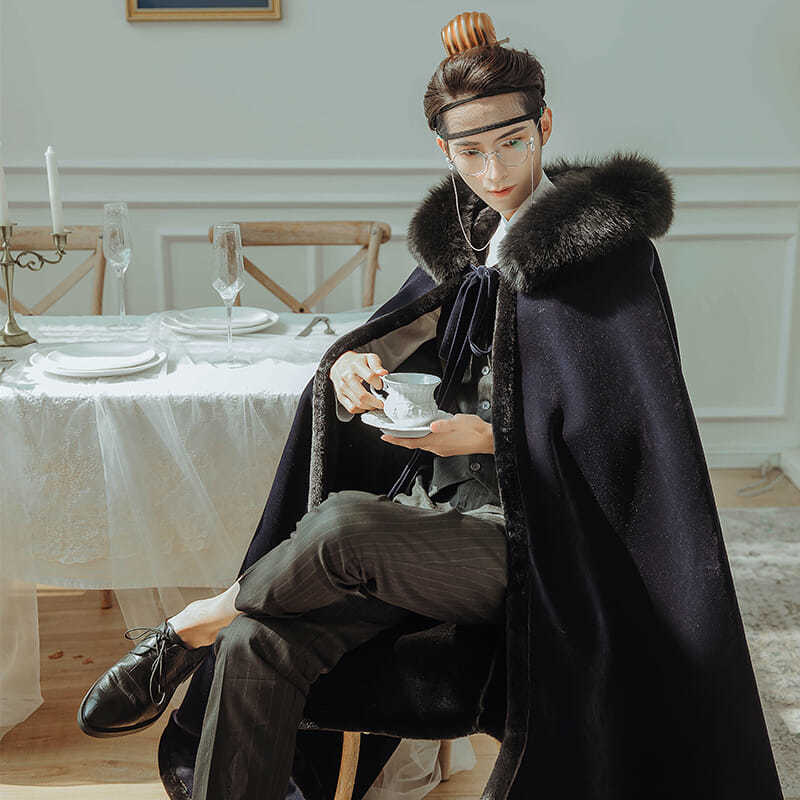 冬款大摆围加绒超大毛领连帽长款丝绒加厚斗篷冬款男装汉服