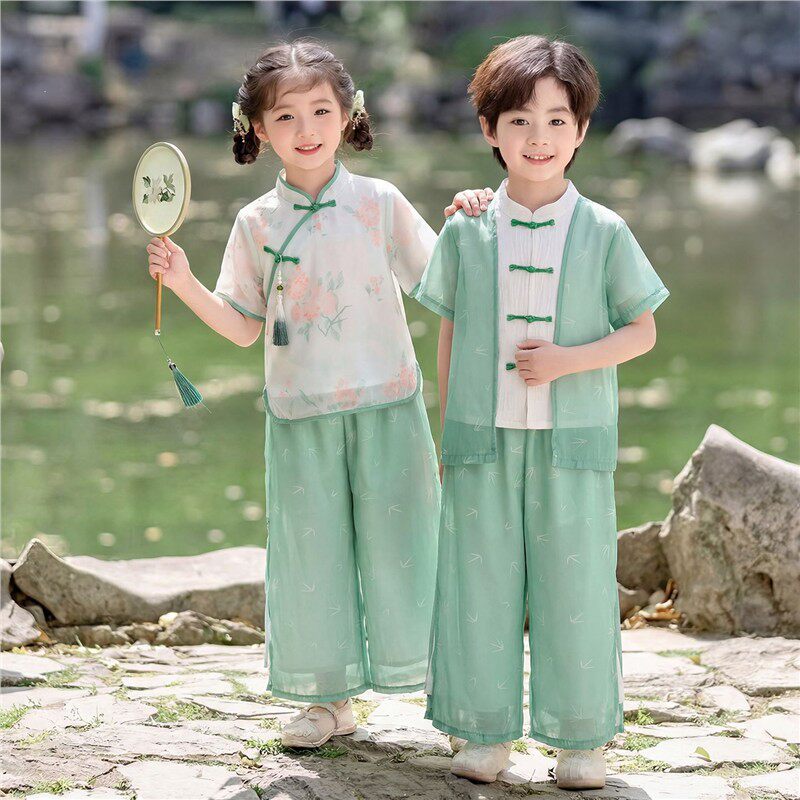 幼儿园儿童新中式国学服套装夏季新款男女童汉服书童三字经表演服