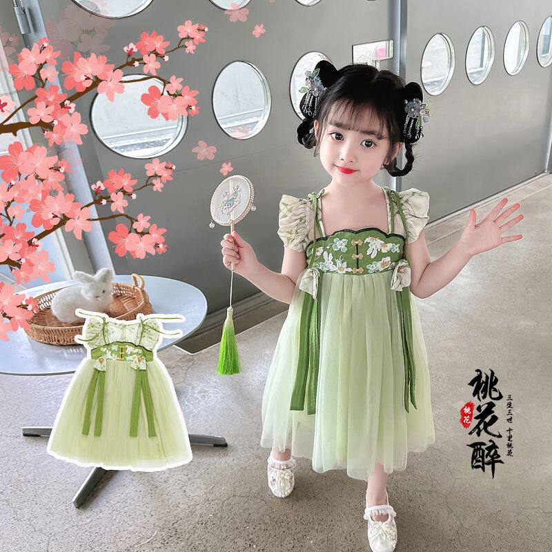 儿童公主民族风表演服汉服女童女孩无袖刺绣夏季连衣裙夏装裙子