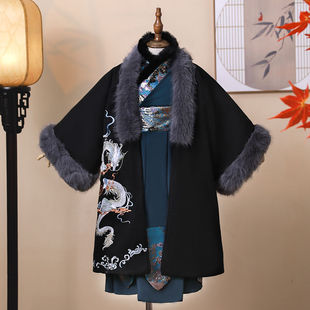 原创汉服仿狐狸毛领保暖加绒对襟袍男孩亲子装冬季汉服裘衣半袖披