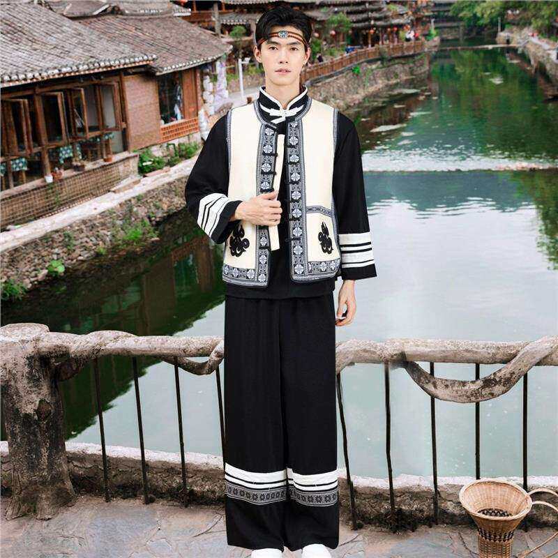 新款彝族火把节服饰旅拍写真套装凉山男装云南少数民族服装男款