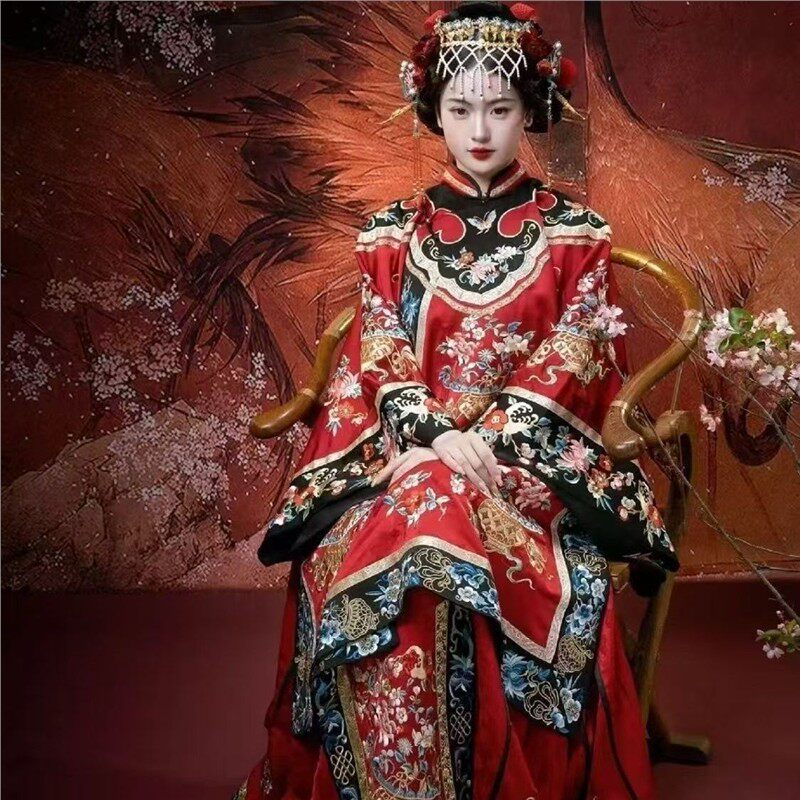 知衣传统服饰清汉花开富贵清朝清代女装氅衣重工印花马面汉服21