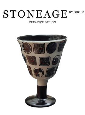 Shinymomo花色陶瓷酒杯手捏棋盘格杯零食杯黑白复古ins装饰高脚杯