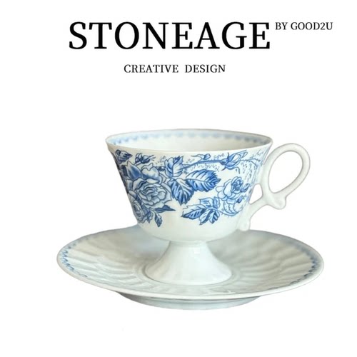 春辰元青花咖啡杯碟套装景德镇手作陶瓷拿铁拉花杯复古高温釉下彩