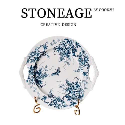 中古复古青花陶瓷双耳牛排托盘摆件水果盘下午茶点心高颜值收纳盘