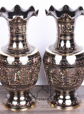 巴基斯坦铜器手工精雕彩点米尔花瓶复古金属铜花瓶中式家装摆设