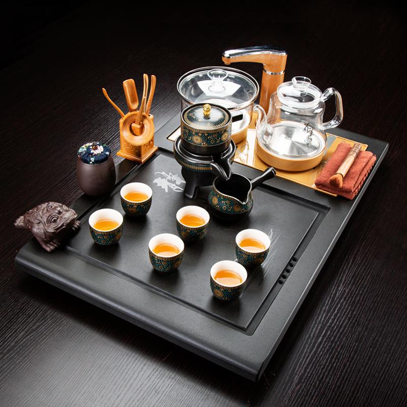 整块乌金石头玻璃茶具套装家用高档全自动小型功夫茶台干泡盘排水