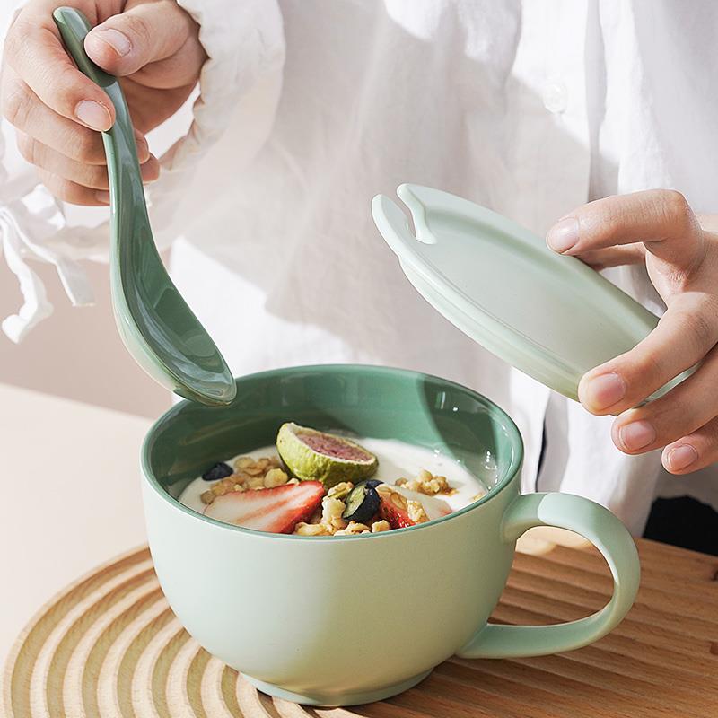 燕麦杯早餐杯带盖子勺大容量汤杯可微波炉加热陶瓷麦片杯牛奶杯酸