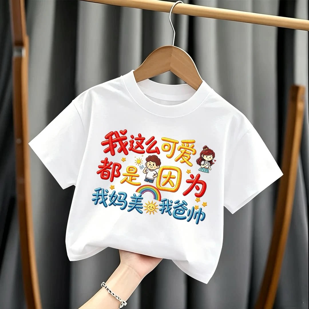 妈美爸帅我可爱儿童纯棉短袖T恤