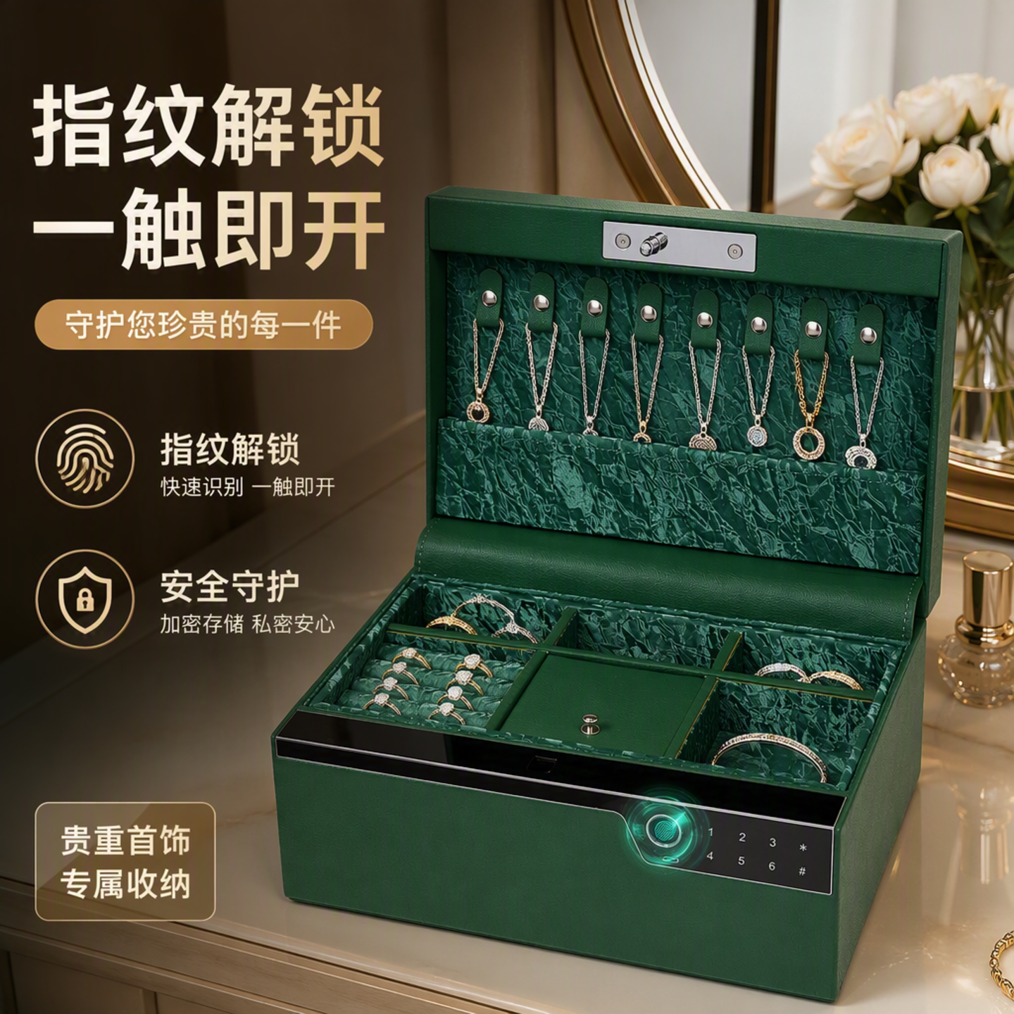 指纹密码解锁珠宝首饰盒保险箱图片