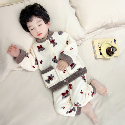 男童睡衣套装2025新款秋冬男宝宝开衫珊瑚绒保暖儿童家居服法兰绒