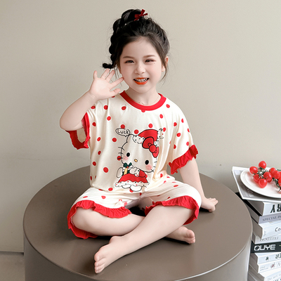 女童睡衣套装夏季冰丝短袖五分裤空调房莫代尔KT猫花边小童家居服