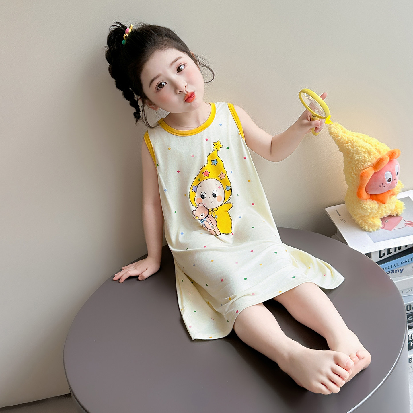 女童睡裙春夏季薄款休闲可爱星星人无袖睡袍女宝宝空调服款家居服