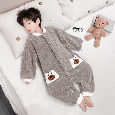 男童睡衣秋冬2025新款珊瑚绒男宝宝休闲保暖口袋小熊法兰绒连体