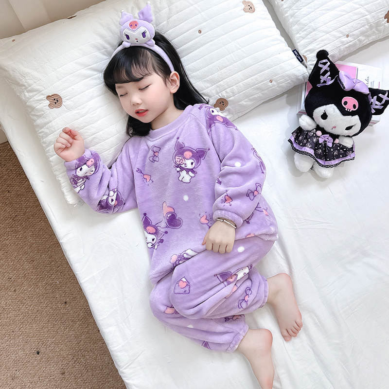 女童睡衣2025新款春秋冬法兰绒加绒加厚女宝休闲居家款库洛米套装