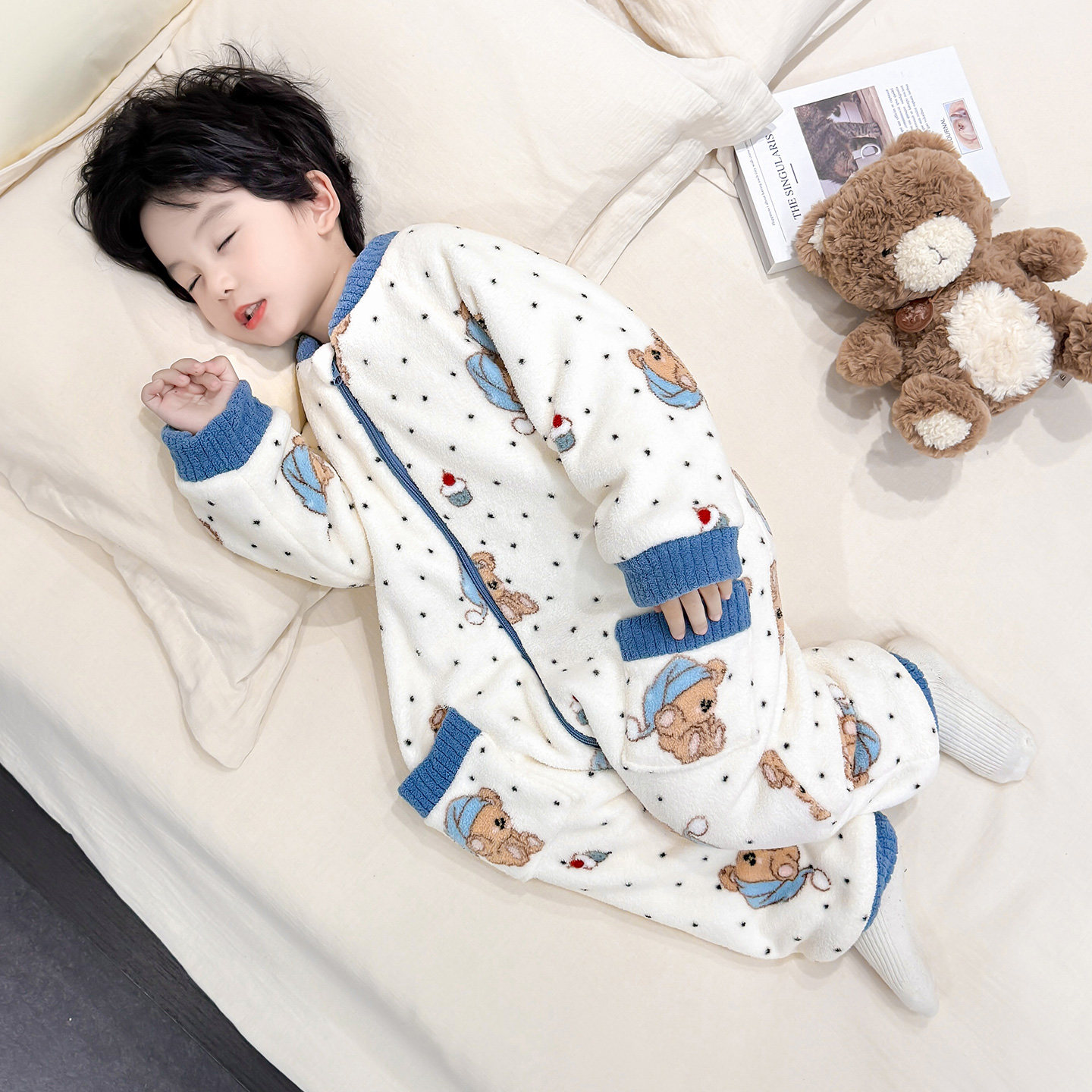 男童睡衣2025新款秋冬珊瑚绒保暖双层加厚法兰绒连体衣家居服睡袋