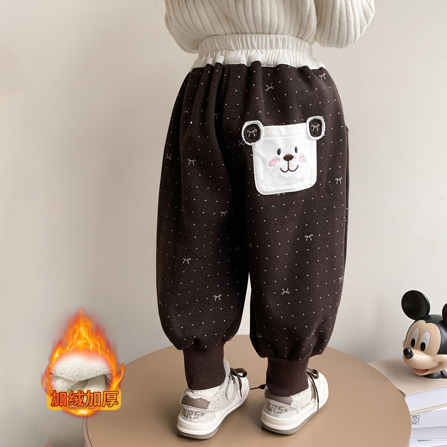 女童裤子波点蝴蝶结加绒加厚休闲裤黑色保暖运动裤女宝宝新款长裤