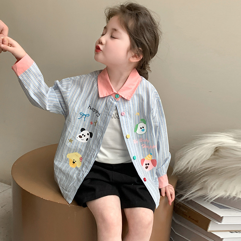 女童上衣2025新款潮流春秋季女宝宝儿童可爱翻领拼色条纹撞色衬衫