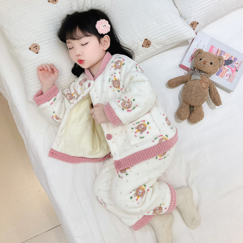 女童睡衣秋冬女宝宝珊瑚绒加厚保暖加绒开衫满印法兰绒家居服套装