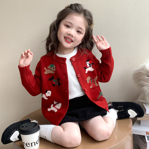 女童外套2026新款女宝宝春秋长袖毛衣开衫腊肠狗喜庆红色休闲上衣