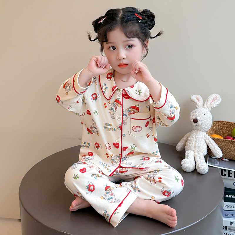 女童睡衣套装2025新款春秋开衫长袖长裤家居服纯棉两件女宝宝小童