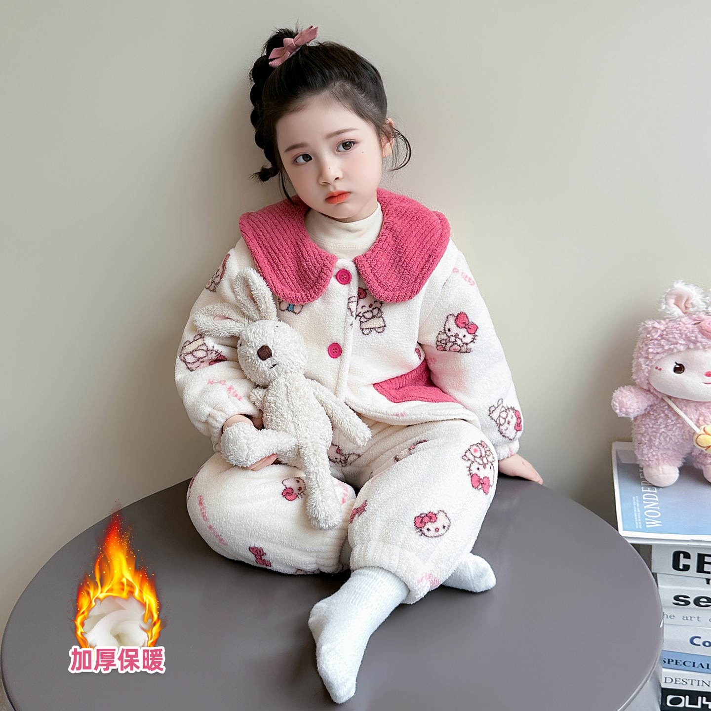 女童睡衣套装法兰绒家居服秋冬季加厚保暖双层夹棉加绒珊瑚绒睡衣