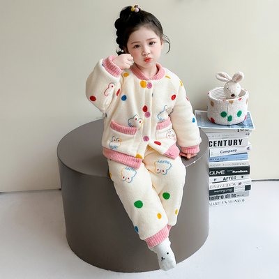 女童睡衣套装2025新款秋冬款珊瑚绒儿童双层加厚保暖法兰绒家居服