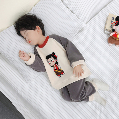 男童睡衣套装2025新款秋冬儿童卡通哪吒珊瑚绒家居服保暖法兰绒款