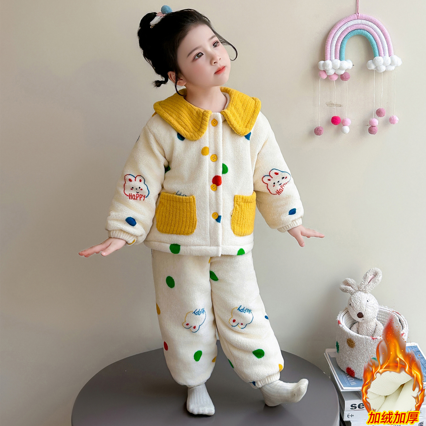 女童睡衣套装2025秋冬女宝宝保暖法兰绒家居服双层加绒加厚珊瑚绒