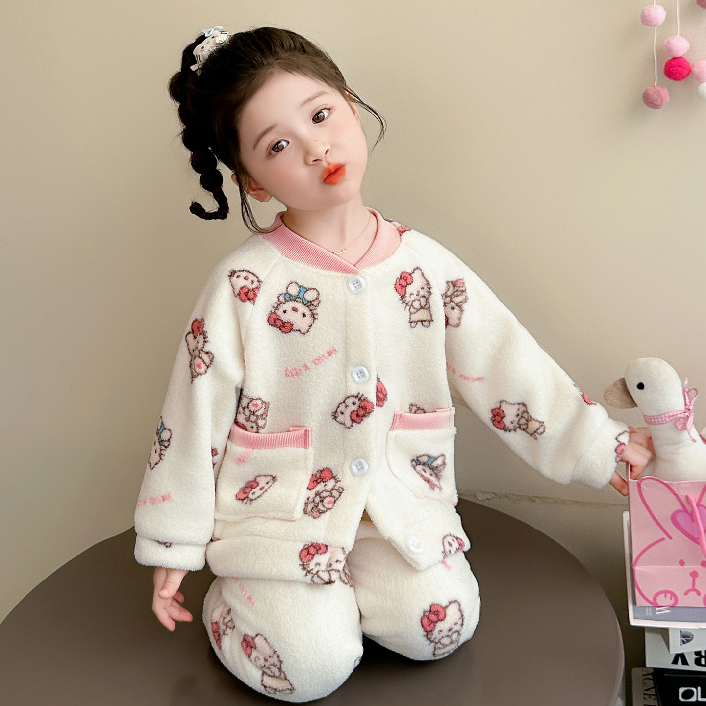 女童睡衣套装2025新款秋冬珊瑚绒KT猫开衫家居服女宝宝法兰绒保暖,童装/婴儿装/亲子装,家居服套装,淘宝优惠券,粉丝福利购,淘宝优惠卷