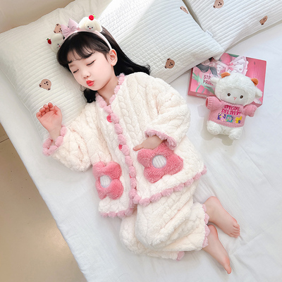 女童睡衣2025新款秋冬法兰绒女宝宝休闲粉色花朵麦穗珊瑚绒款套装